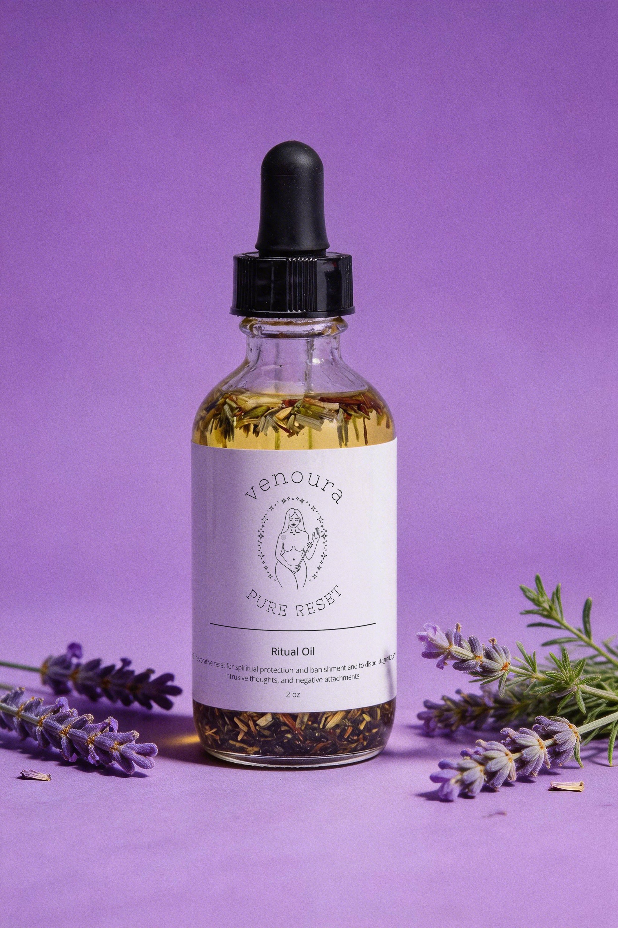 Venoura Pure Reset Herbal Spiritual Ritual Oil used for spiritual protection, banishment, evil eye, and for nourishing, moisturising smooth skin in a clear glass dropper bottle with a white label and black cap, set against a solid purple background with lavender sprigs. Used for spellwork or general skincare