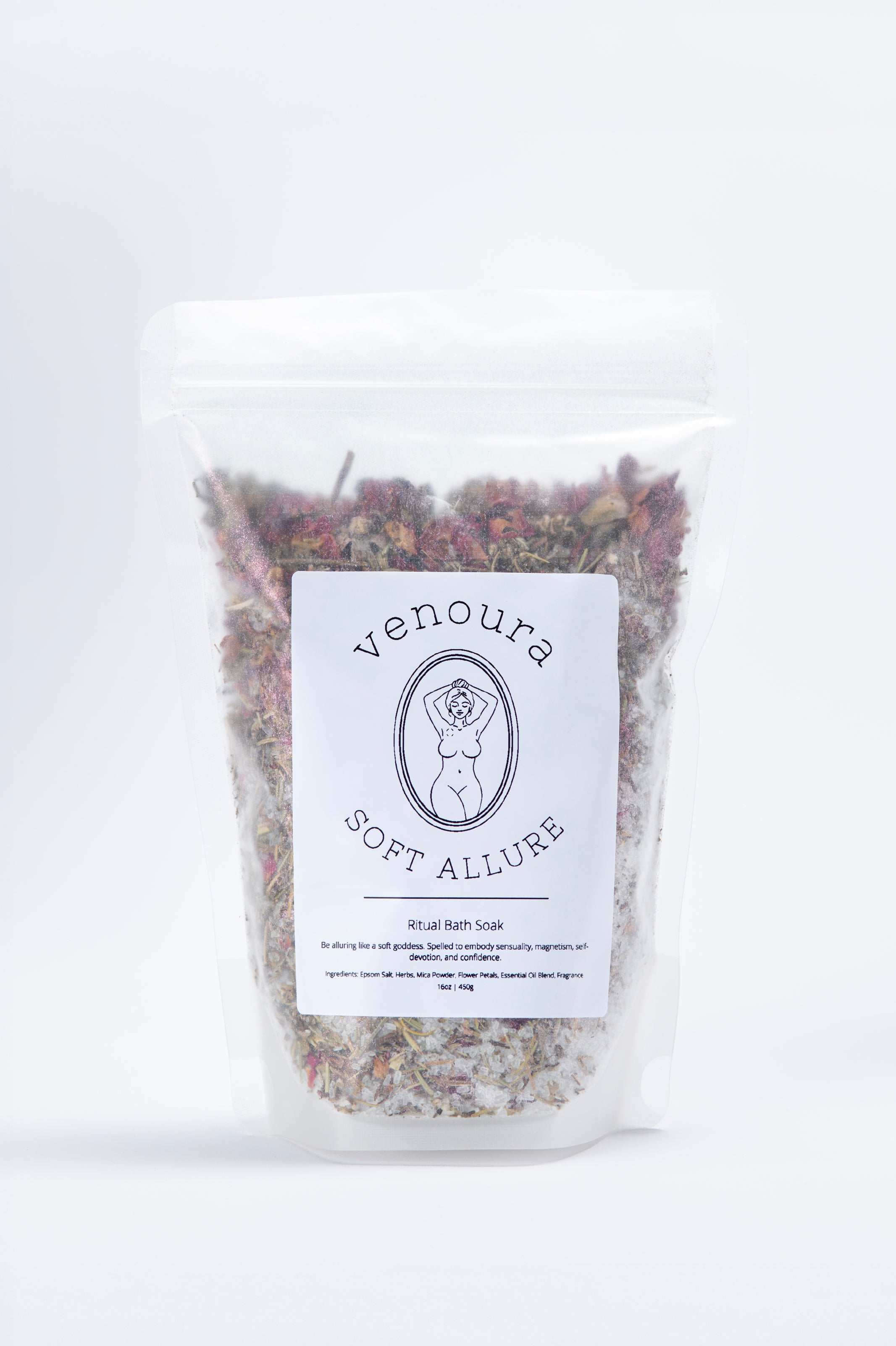 Venoura Soft Allure K10 All Bath Soak in a clear resealable stand-up pouch with a white label, filled with dried botanicals, on a white background.