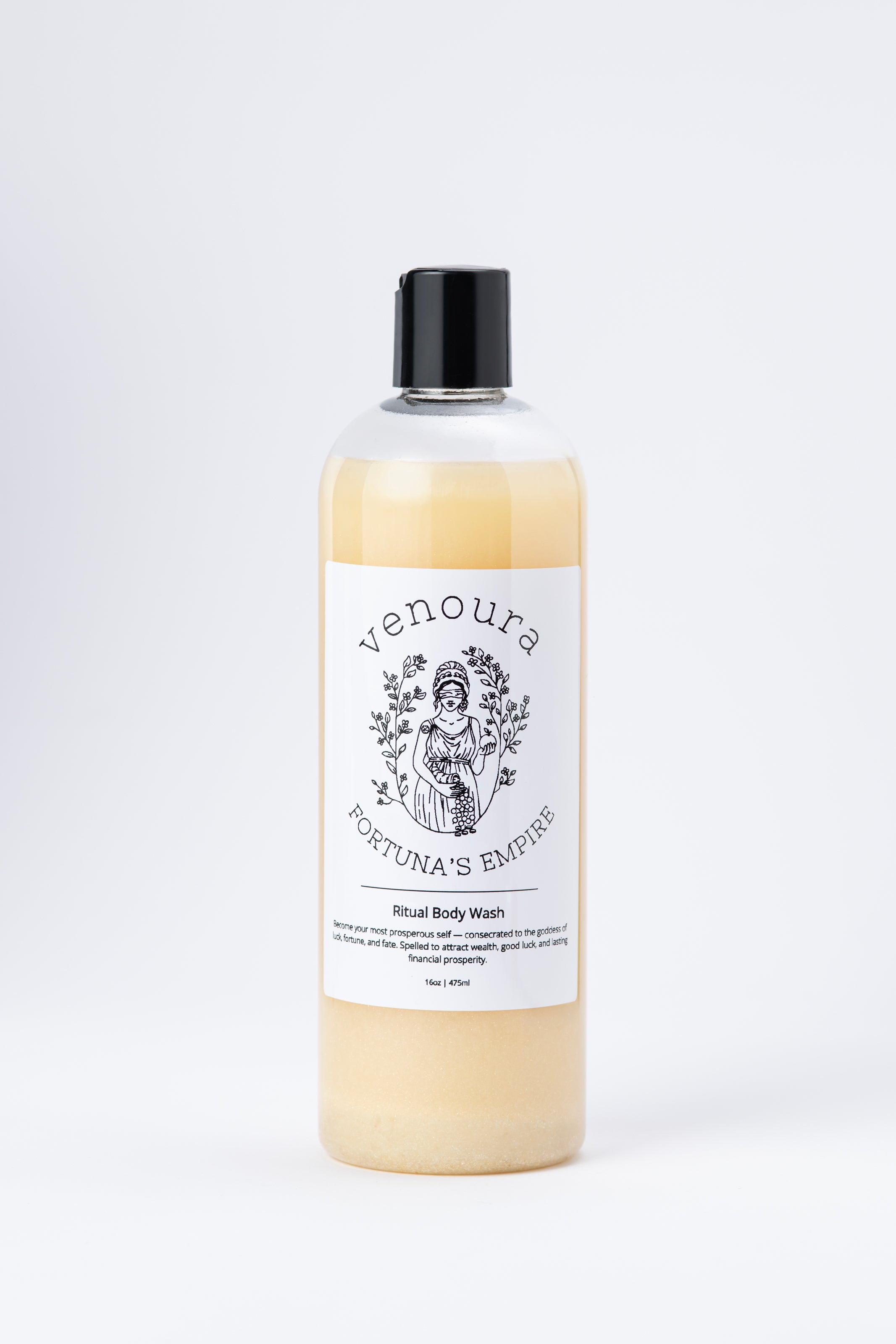 A clear plastic bottle of Venoura Fortuna's Empire Ritual Body Wash, filled with a pale yellow liquid and topped with a black cap, set against a plain light gray background.