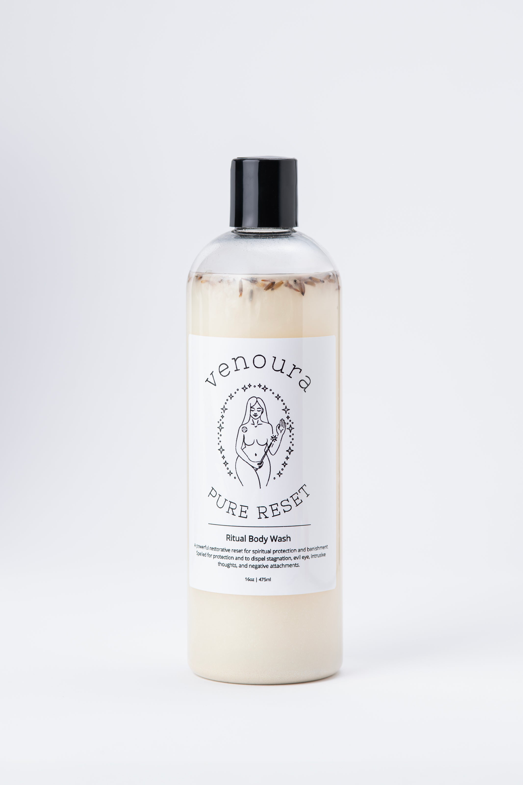 Venoura Pure Reset Ritual Body Wash in a clear plastic bottle with a black cap, showing the creamy off-white liquid inside, set against a plain light gray background.