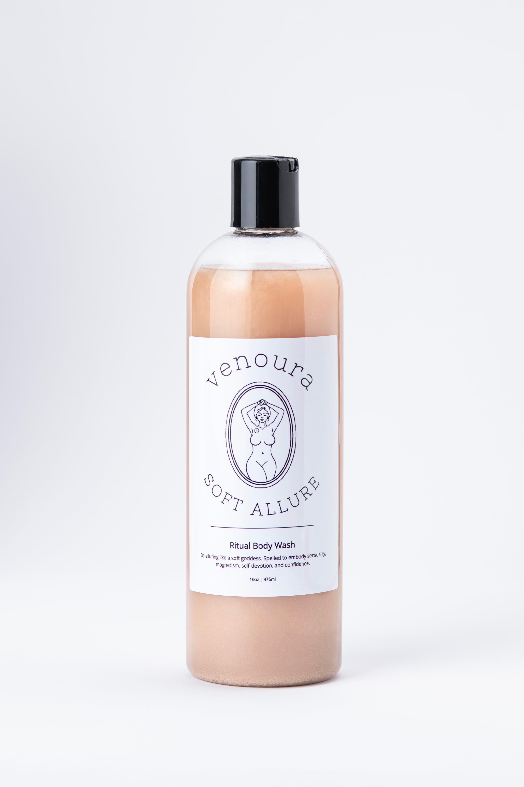 Venoura Soft Allure Ritual Body Wash in a clear plastic bottle with a black cap, showing the light peach-colored liquid inside, set against a plain white background.