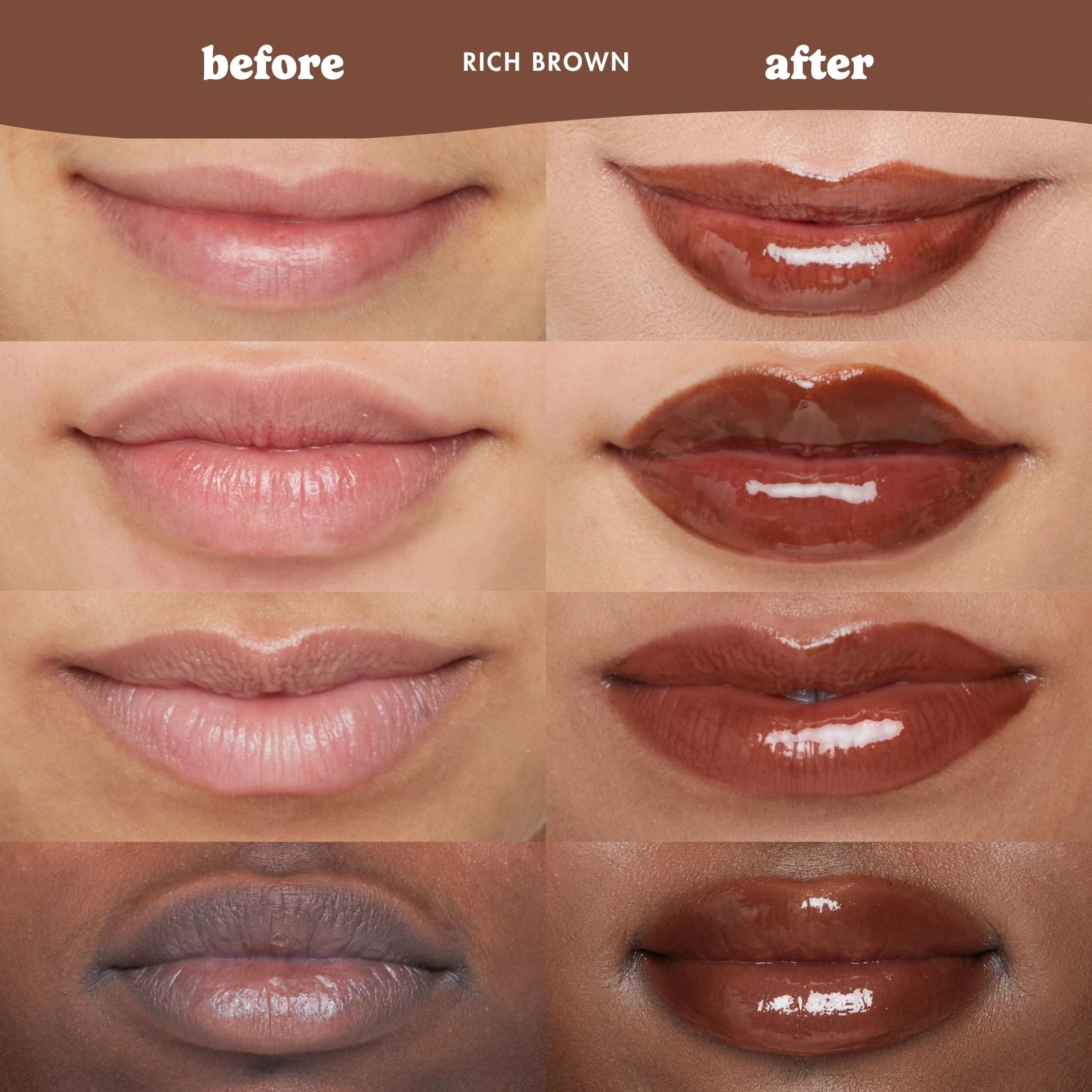 Before and after comparison of a lip color transformation from 'Rich Brown' on different skin tones.