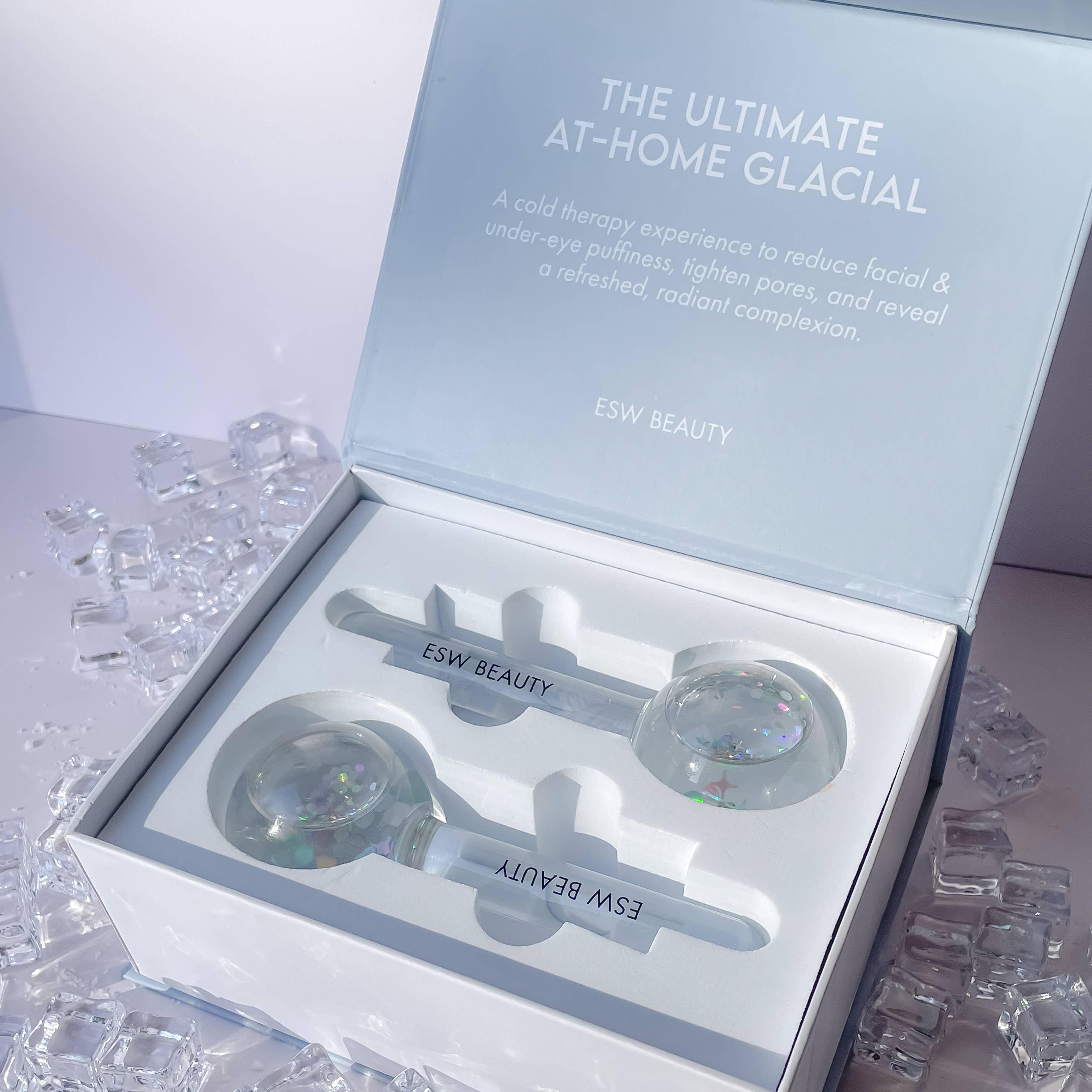 ESW Beauty ice face mask set in packaging with ice cubes around