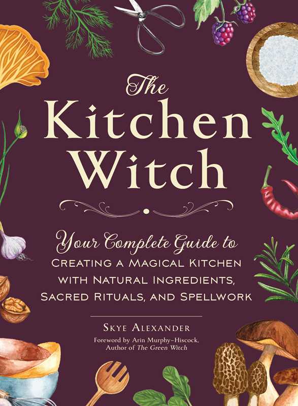 Book cover of 'The Kitchen Witch' with illustrations of kitchen items and ingredients on a dark background.