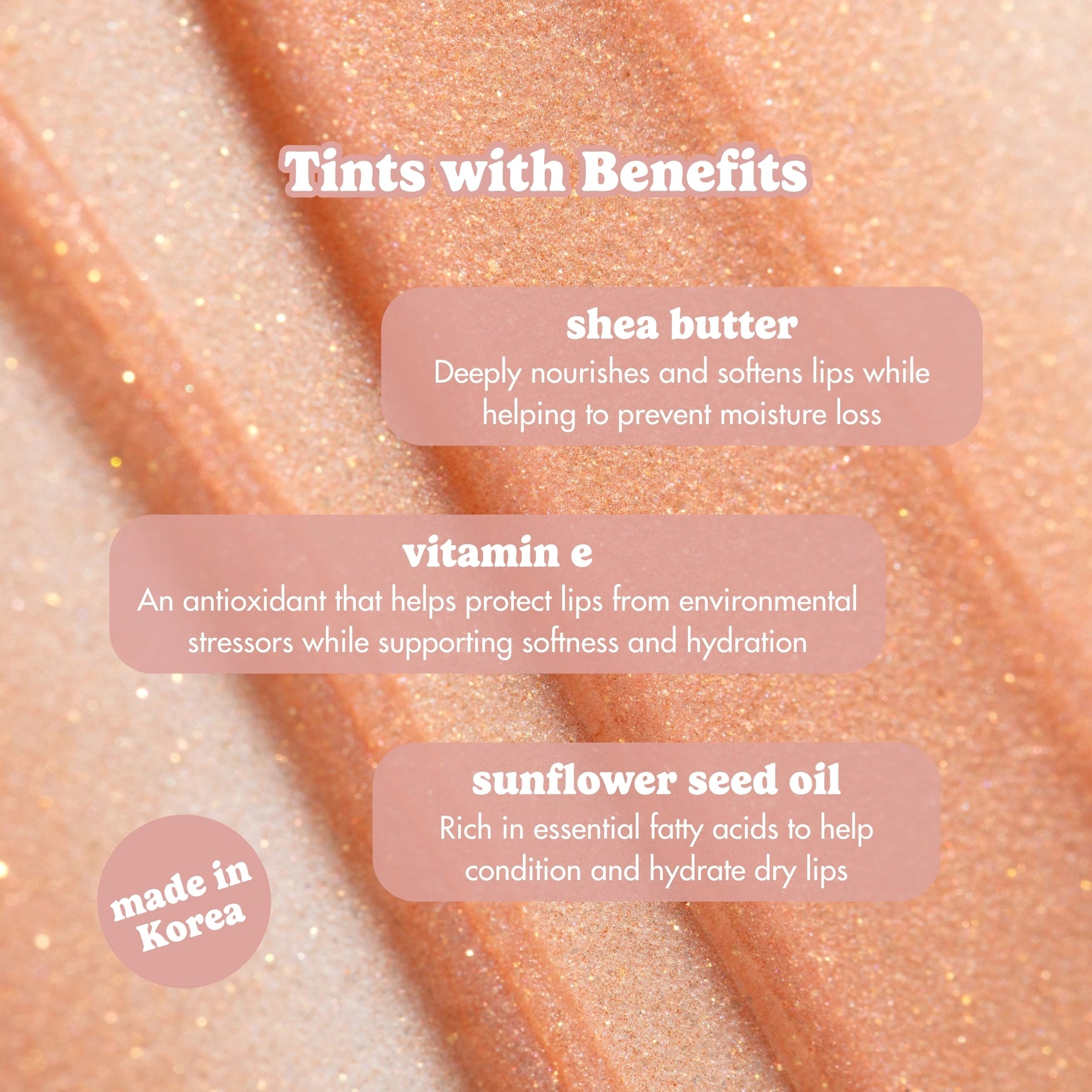Lip balm with shea butter, vitamin E, and sunflower seed oil on a textured background