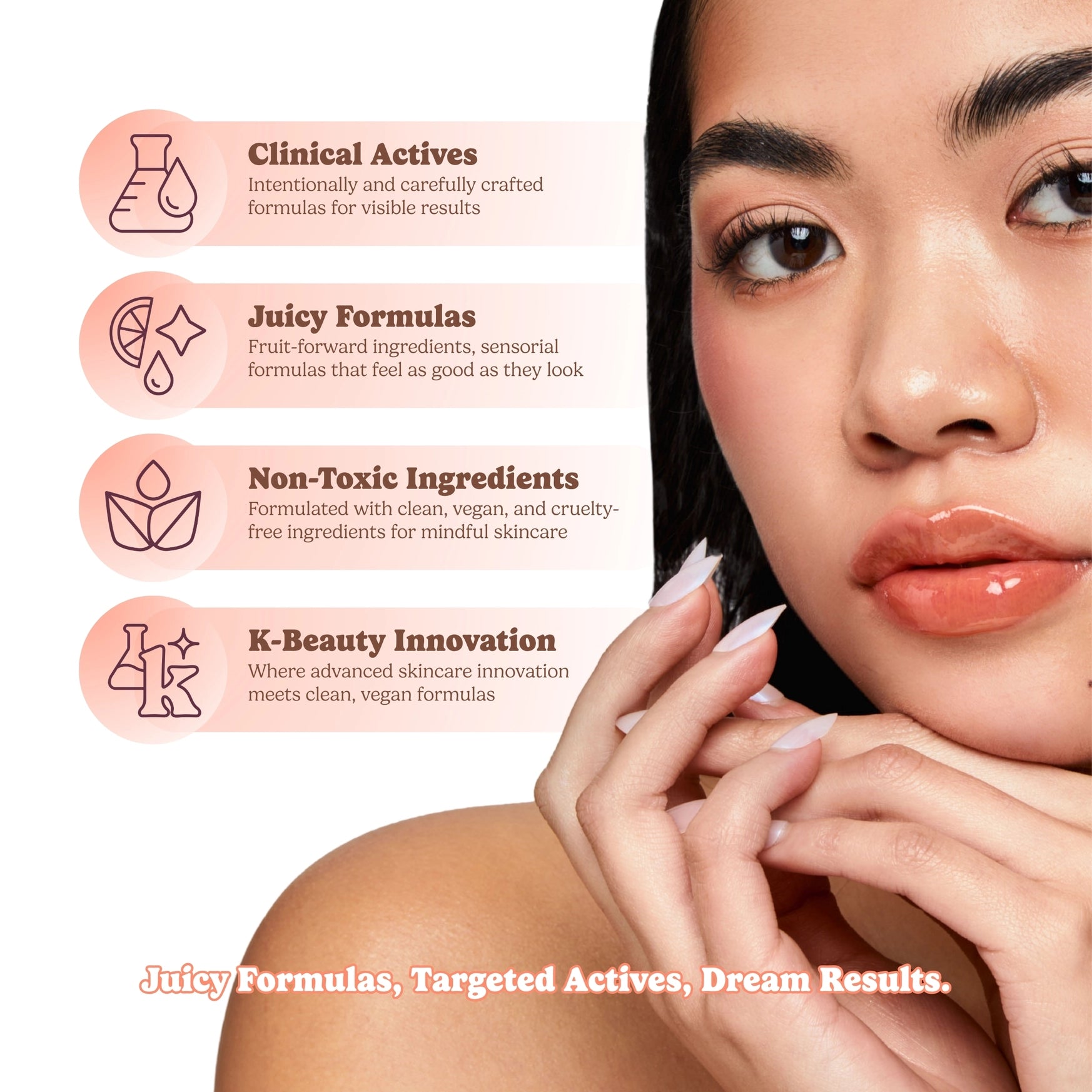 Woman applying lip balm with product features on the left