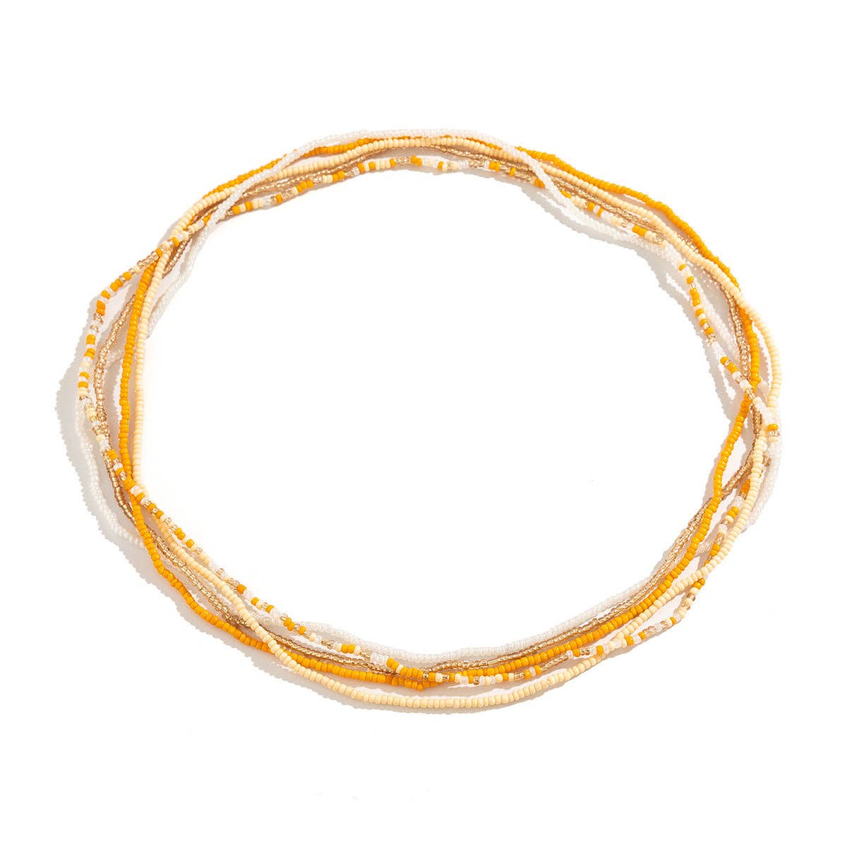A multi-strand beaded wrap bracelet in yellow and cream, coiled on a plain white background.