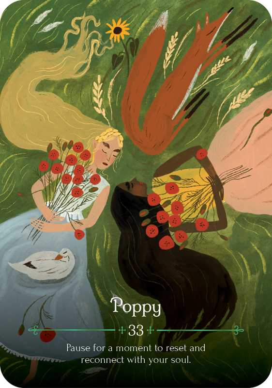 Illustration of a tarot card featuring two women with flowers, a swan, and text about resetting and reconnecting with the soul.
