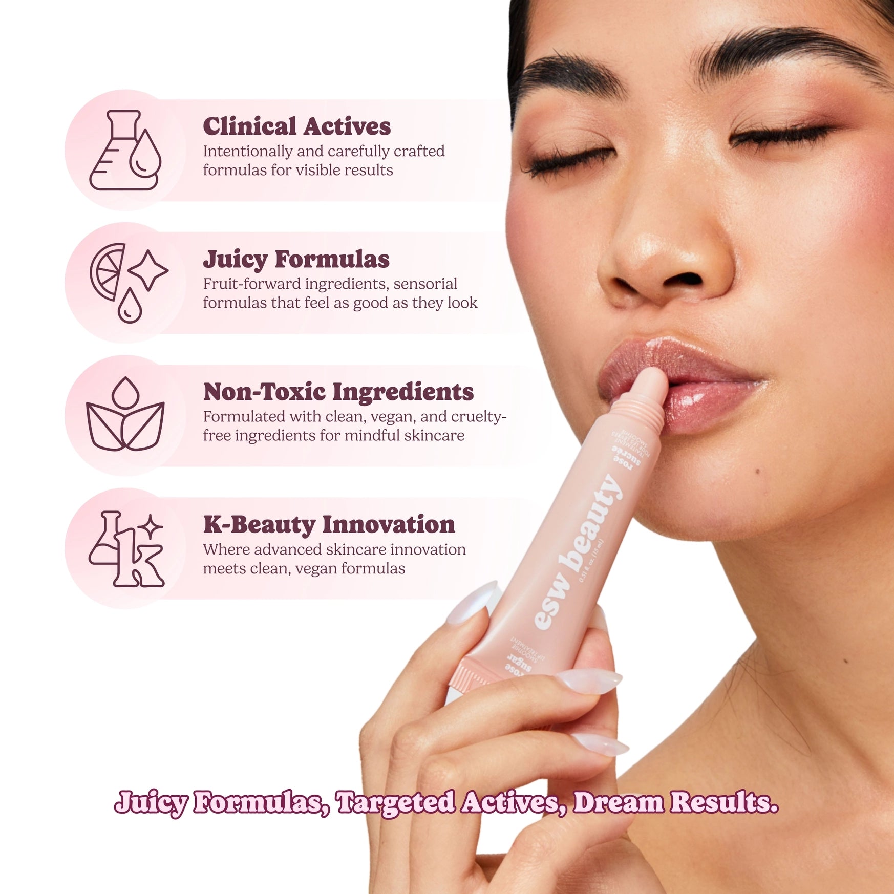 Woman applying lip balm with product details on a white background