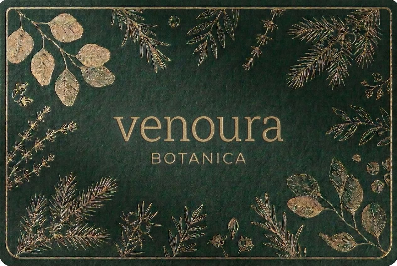 Venoura botanical gift card with slightly bolder Nixie One-style lettering